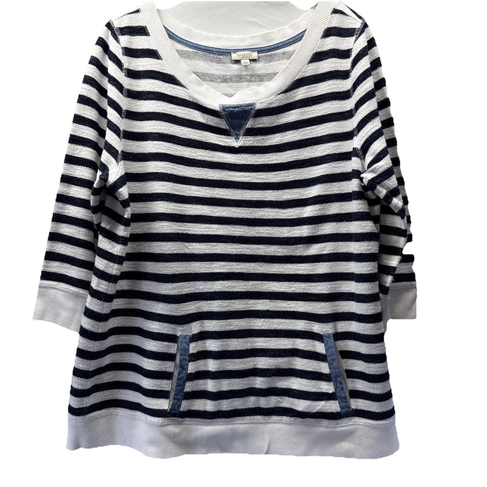 Talbots Women's Top Sz L Blue White Nautical Terry 3/4‎ Sleeves Pocket Pullover